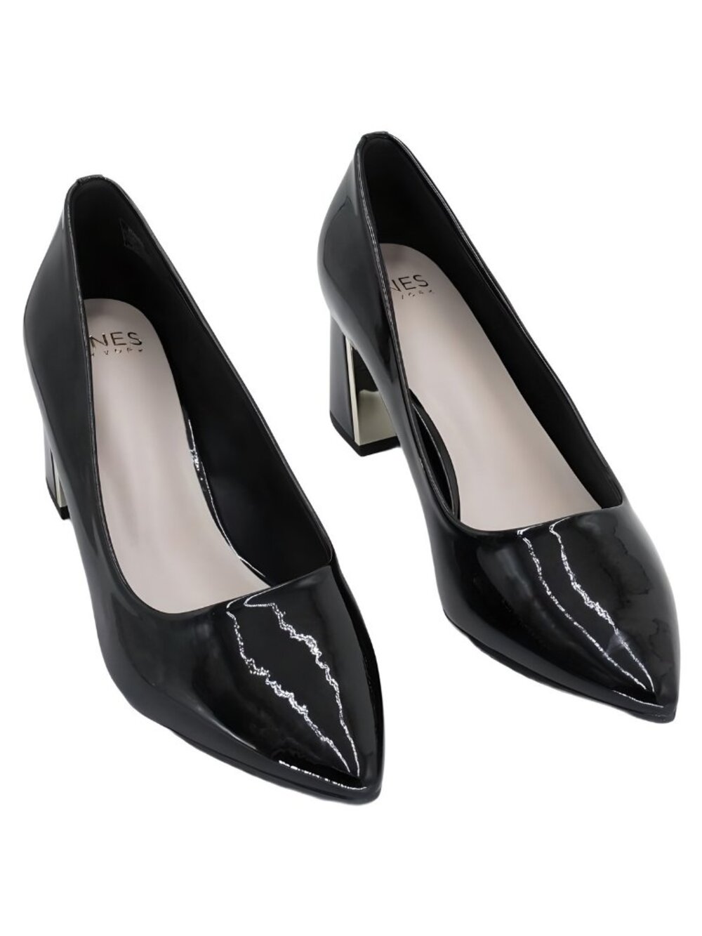Jones New York Canal Black Patent Pointed Toe Block Heel Pumps Sz 9.5